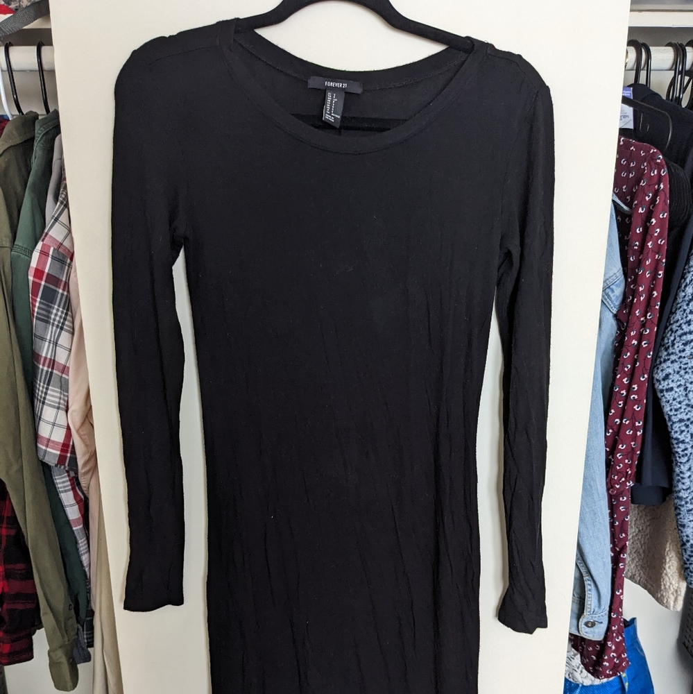 Black Forever 21 Midi-Length Long Sleeved Stretchy Dress (S)